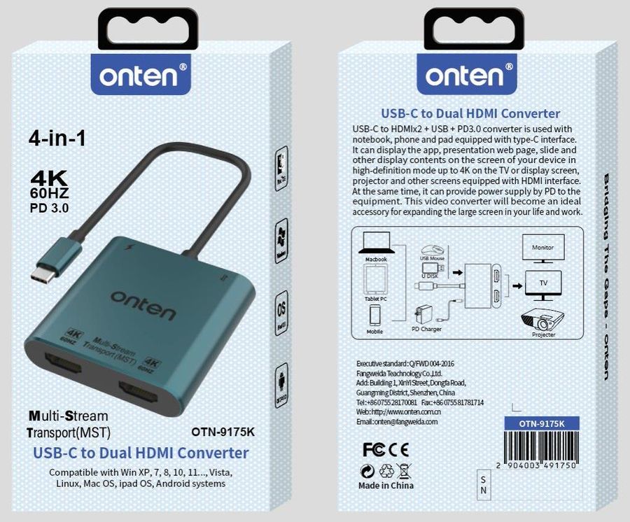 ONTEN OTN-9175K 4-in-1 USB-C to Dual HDMI Adapter +USB 2.0*1 Port