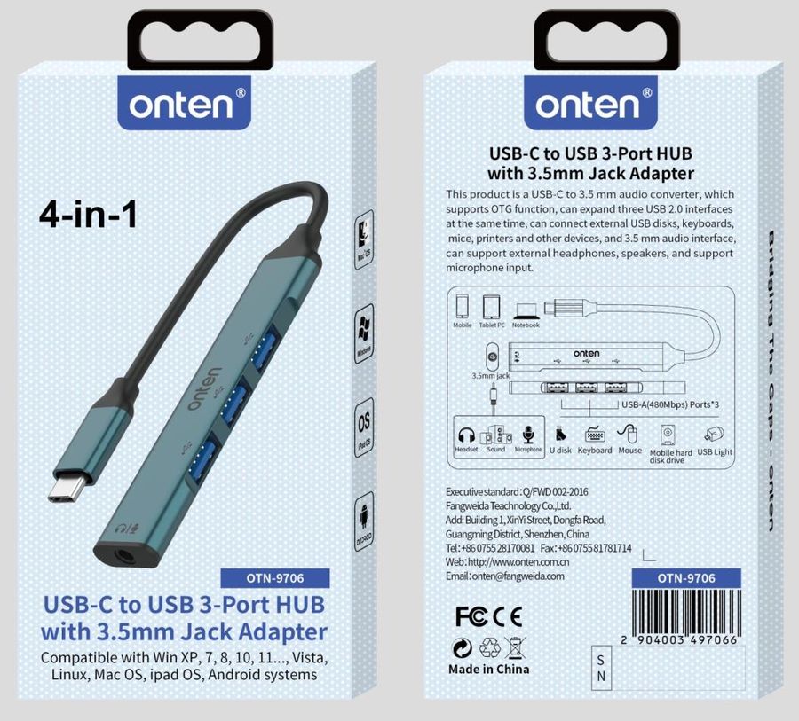 ONTEN OTN-9706 USB-C to 3.5mm Jack adapter with USB 3-Port HUB USB-C