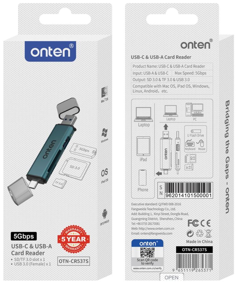 ONTEN OTN-CR537S 3-in-2 USB-A&USB-C SD3.0 /TF3.0 Card Reader with USB 3.0 hub USB-A &USB-C SD3.0+TF3.0