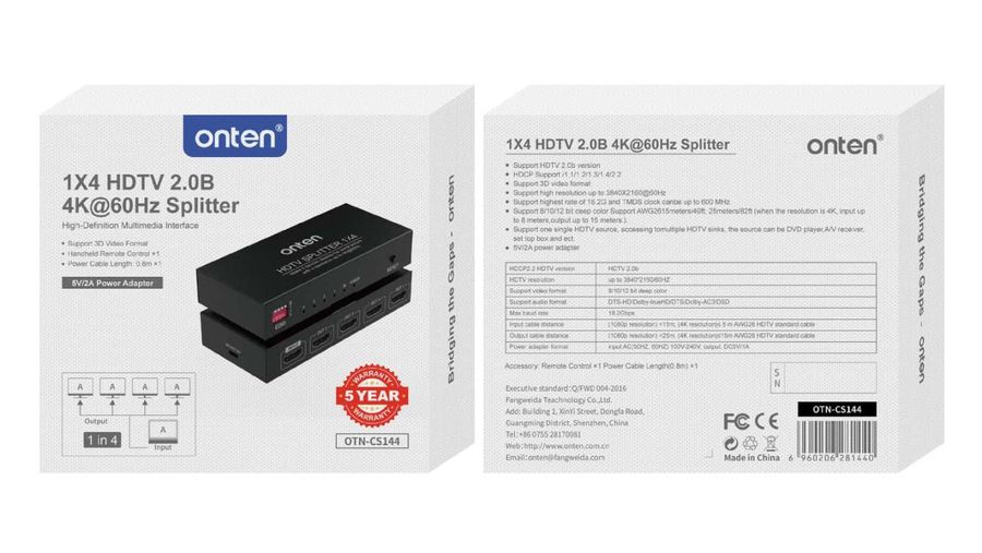ONTEN OTN-CS144 1x4 HDMI 2.0b Splitter 4K@60Hz 1x4 HDMI 2.0b 4K@60Hz