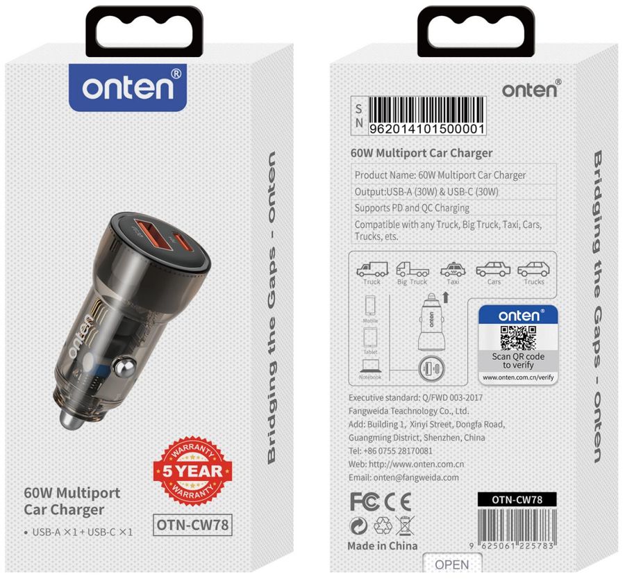 ONTEN OTN-CW78 2-in-1 60W Multiport Car Charger