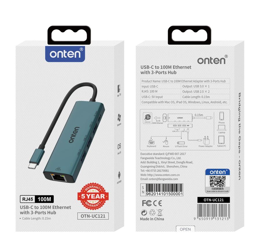 ONTEN OTN-UC121 5-in-1 USB-C to 100Mbps network card(USB 3.0+USB 2.0*2) USB-C
