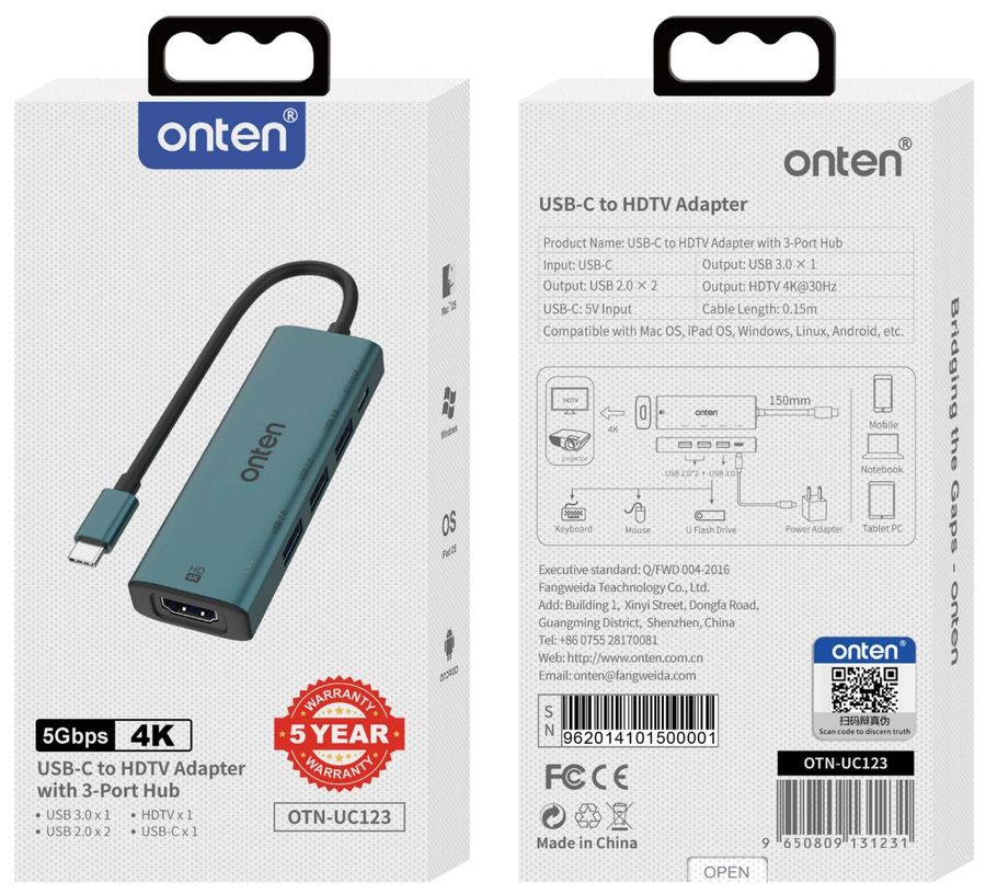 ONTEN OTN-UC123 5-in-1 USB-C to HDMI Adapter(USB 3.0+USB 2.0*2) USB-C