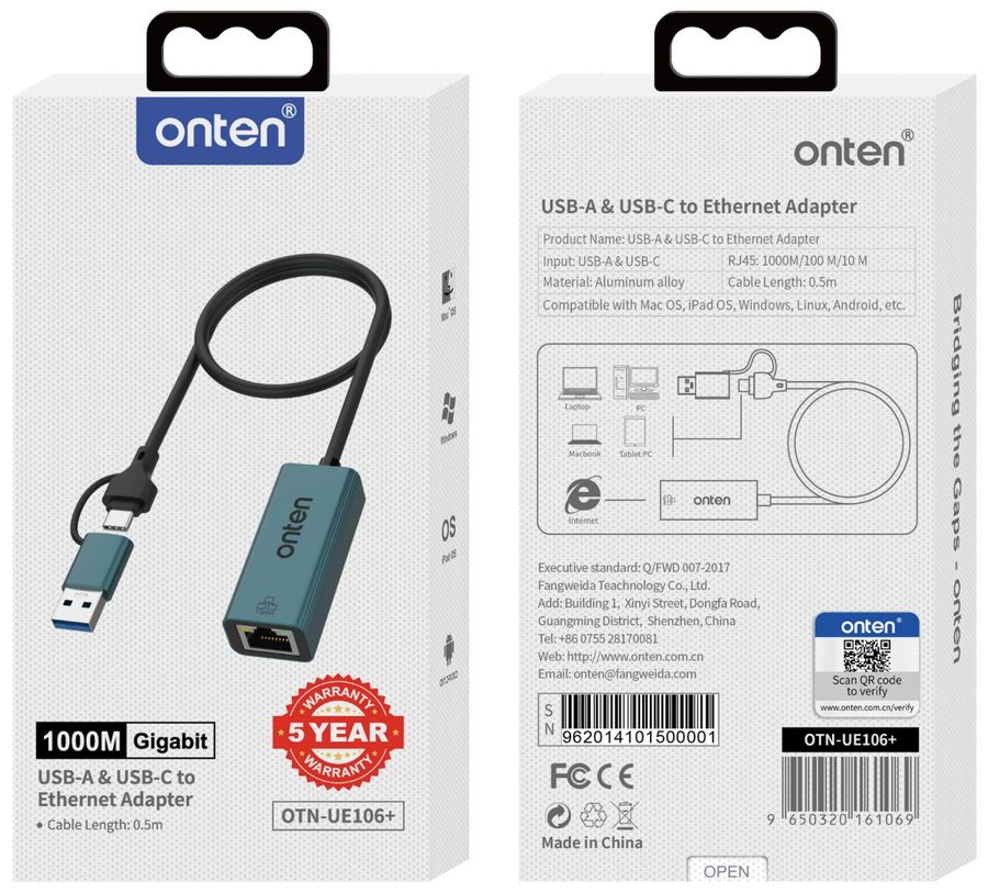 ONTEN OTN-UE106+ USB-C/USB 3.0 to Gigabit Adapter USB-C/USB 3.0