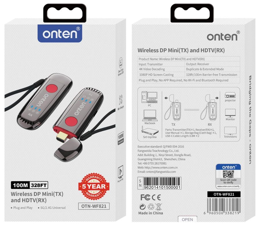 ONTEN OTN-WF821 Wireless Transmitter (MiniDP) and Receiver(HDMI)